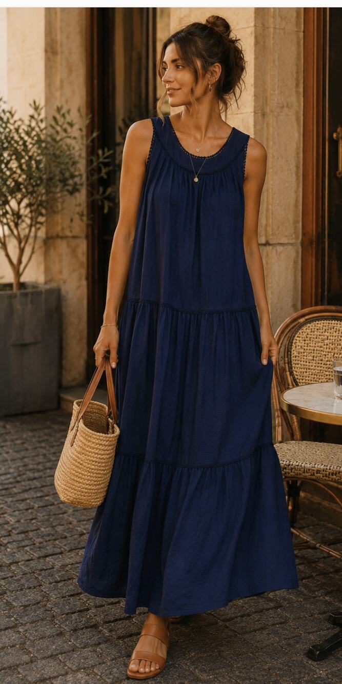WYSE London Navy Cotton Tiered Midi Dress Sleeveless Pockets Boho Size 4